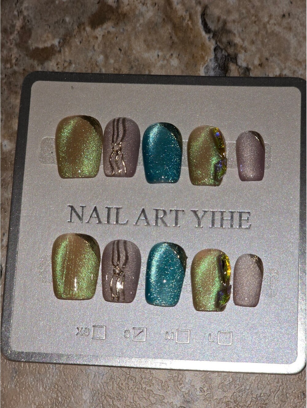Size S Press-On Nails Set with Multi-Color Glitter and Design